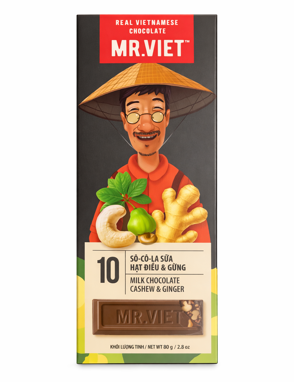 Mr.Viet MILK CHOCOLATE CASHEW & GINGER 10 (80g)