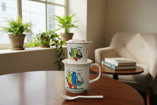 PHIN陶器製コーヒーフィルター 天秤棒と二人の女性の市場風景