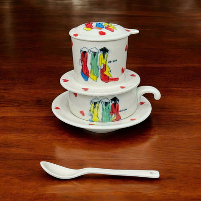 PHIN陶器製コーヒーフィルター アオザイの女性と赤いハートの彩り