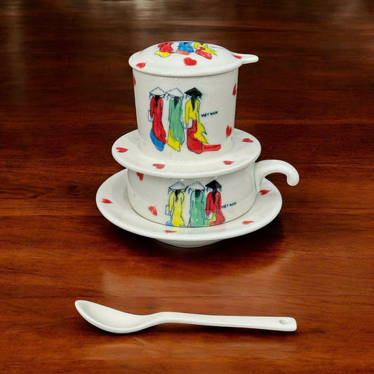 PHIN陶器製コーヒーフィルター アオザイの女性と赤いハートの彩り